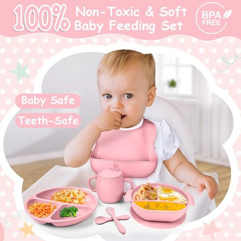 Silicone Baby Feeding Set, Baby Weaning Supplies with Suction Cup Divider Tray, Toddler Self-Feeding Tableware Set with Spoon Fork Drinking Mug Adjustable Bib for Babies 6+ Months (Pink) in Saudi Arabia