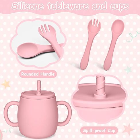 Silicone Baby Feeding Set, Baby Weaning Supplies with Suction Cup Divider Tray, Toddler Self-Feeding Tableware Set with Spoon Fork Drinking Mug Adjustable Bib for Babies 6+ Months (Pink) in Saudi Arabia