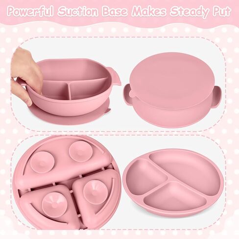 Silicone Baby Feeding Set, Baby Weaning Supplies with Suction Cup Divider Tray, Toddler Self-Feeding Tableware Set with Spoon Fork Drinking Mug Adjustable Bib for Babies 6+ Months (Pink) in Saudi Arabia