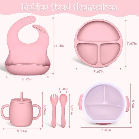 Silicone Baby Feeding Set, Baby Weaning Supplies with Suction Cup Divider Tray, Toddler Self-Feeding Tableware Set with Spoon Fork Drinking Mug Adjustable Bib for Babies 6+ Months (Pink) in Saudi Arabia