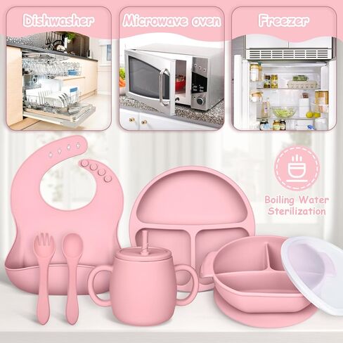 Silicone Baby Feeding Set, Baby Weaning Supplies with Suction Cup Divider Tray, Toddler Self-Feeding Tableware Set with Spoon Fork Drinking Mug Adjustable Bib for Babies 6+ Months (Pink) in Saudi Arabia