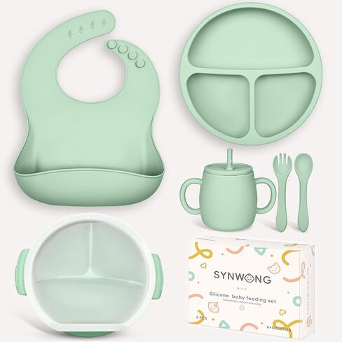 Silicone Baby Feeding Set, Baby Weaning Supplies with Suction Cup Divider Tray, Toddler Self-Feeding Tableware Set with Spoon Fork Drinking Mug Adjustable Bib for Babies 6+ Months (Pink) in Saudi Arabia