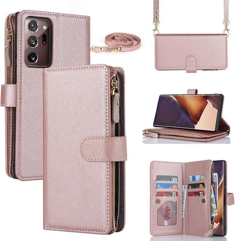 iCoverCase for Samsung Galaxy Note 20 Ultra Wallet Case with Card Holder for Women, Crossbody Lanyard Strap Kickstand PU Leather Case with Zipper Pocket Credit Card Slots Cover (Black) in Saudi Arabia