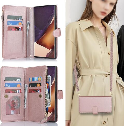 iCoverCase for Samsung Galaxy Note 20 Ultra Wallet Case with Card Holder for Women, Crossbody Lanyard Strap Kickstand PU Leather Case with Zipper Pocket Credit Card Slots Cover (Black) in Saudi Arabia