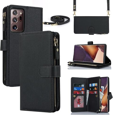 iCoverCase for Samsung Galaxy Note 20 Ultra Wallet Case with Card Holder for Women, Crossbody Lanyard Strap Kickstand PU Leather Case with Zipper Pocket Credit Card Slots Cover (Black) in Saudi Arabia