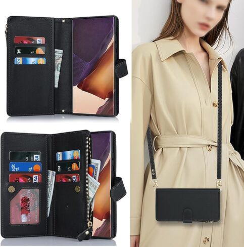 iCoverCase for Samsung Galaxy Note 20 Ultra Wallet Case with Card Holder for Women, Crossbody Lanyard Strap Kickstand PU Leather Case with Zipper Pocket Credit Card Slots Cover (Black) in Saudi Arabia