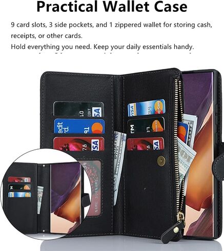 iCoverCase for Samsung Galaxy Note 20 Ultra Wallet Case with Card Holder for Women, Crossbody Lanyard Strap Kickstand PU Leather Case with Zipper Pocket Credit Card Slots Cover (Black) in Saudi Arabia