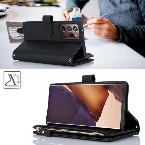 iCoverCase for Samsung Galaxy Note 20 Ultra Wallet Case with Card Holder for Women, Crossbody Lanyard Strap Kickstand PU Leather Case with Zipper Pocket Credit Card Slots Cover (Black) in Saudi Arabia