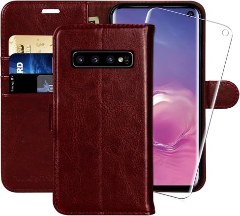 MONASAY Wallet Case Compatible for Galaxy S10, [Included Screen Protector][RFID Blocking] Flip Folio Leather Cell Phone Cover with Credit Card Holder, 6.1 inch, Burgundy in Kuwait