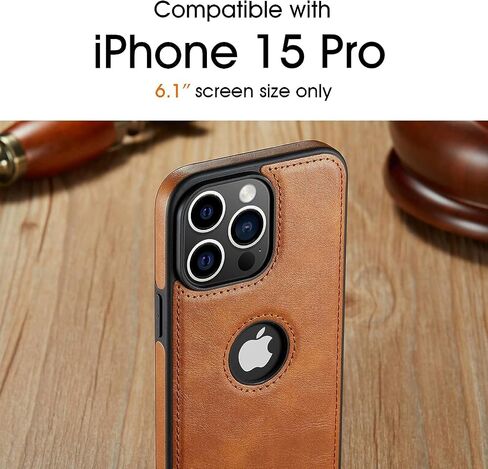 حافظة مصممة لهاتف iPhone 15 Pro من الجلد النباتي مع شعار نحيف وغطاء حماية كلاسيكي فاخر وأنيق (2023) 6.1 بوصة (بني) in Kuwait