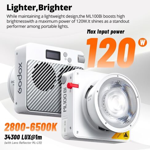 Godox ML100Bi 120W LED Video Light, 2800K-6500K Bi-Color Video Lighting Kit, 34300 Lux CRI 97+/TLCI 98+, APP Control, USB-C Charging, 11 FX Effects, for Filming/Live Streaming/Outdoor Photography in Saudi Arabia