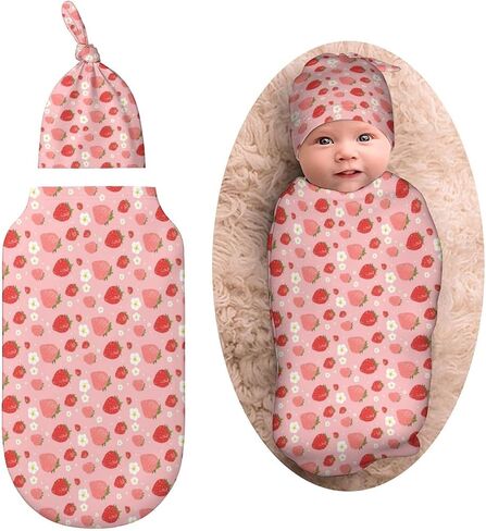Cute Pink Strawberry Newborn Baby Swaddle Blanket With Beanie Hat Baby Receiving Blanket Gifts For Boys Girls Infant in Saudi Arabia
