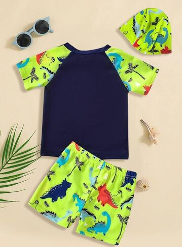 Toddler Boys Dinosaur RashGuard Swimsuit - Kids Short Sleeve Shirt Trunks Swimwear Bathing Suit with Hat 3Pcs Sets in Saudi Arabia