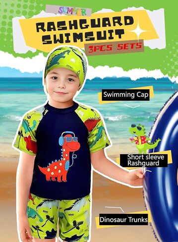 Toddler Boys Dinosaur RashGuard Swimsuit - Kids Short Sleeve Shirt Trunks Swimwear Bathing Suit with Hat 3Pcs Sets in Saudi Arabia
