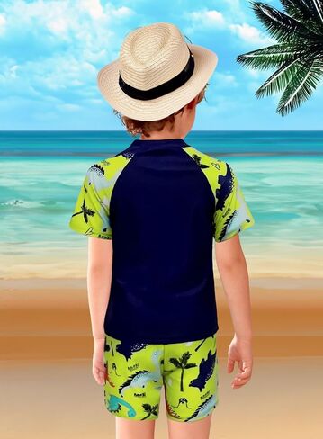 Toddler Boys Dinosaur RashGuard Swimsuit - Kids Short Sleeve Shirt Trunks Swimwear Bathing Suit with Hat 3Pcs Sets in Saudi Arabia