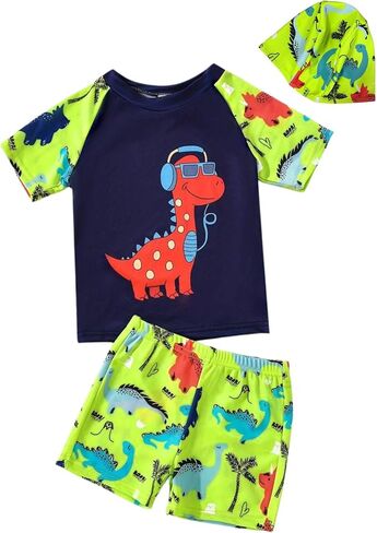 Toddler Boys Dinosaur RashGuard Swimsuit - Kids Short Sleeve Shirt Trunks Swimwear Bathing Suit with Hat 3Pcs Sets in Saudi Arabia