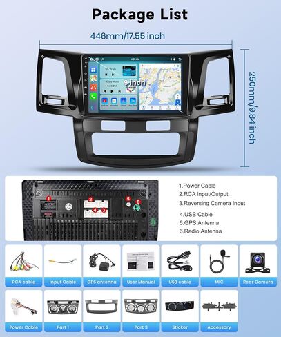【8Core 4+64G】 لسيارة Toyota HILUX 2005-2014 Android13 ستيريو مع Carplay لاسلكي Android Auto، 9 بوصة HD 1280 * 720P IPS شاشة لمس راديو السيارة مع نظام تحديد المواقع واي فاي DSP صوت بلوتوث 5.0 SWC+كاميرا احتياطية in Kuwait