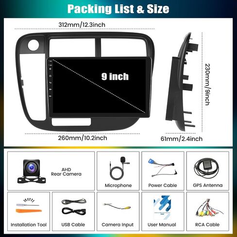 [2+64G] Android 13 Car Stereo for Honda Civic 1996-2001 with Apple Carplay&Android Auto,9 Inch Touch Screen Car Radio with Mirror Link GPS WiFi Bluetooth FM/RDS SWC Dual USB/AUX-in+Backup Camera in Saudi Arabia