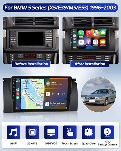 Roinvou 2+64G Android CarPlay Stereo for 1996-2003 BMW 5 Series (X5/E39/M5/E53), Built-in Wireless CarPlay Radio with Android Auto, 9'' Touch Screen in-Dash GPS Navi Support Mirror Link BT HiFi WiFi in Saudi Arabia