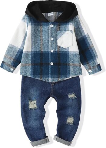 ملابس للأولاد من عمر 18 إلى 24 شهرًا ملابس شتوية بقلنسوة للأطفال من قماش الدنيم ملابس أطفال للأولاد من عمر 18 إلى 24 شهرًا باللون الأزرق منقوشة للشتاء in Kuwait