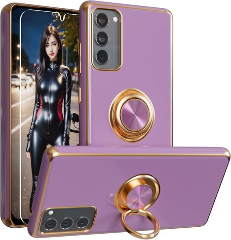 for S20 FE Case,+Screen Protector,with Magnetic Kickstand,Built-in 360° Rotation Ring Holder,Plating Gold Edge Slim Soft TPU Shockproof Protective Case for Samsung Galaxy S20 FE 5G, Mint Green in Saudi Arabia