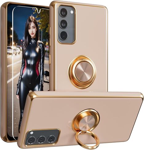 for S20 FE Case,+Screen Protector,with Magnetic Kickstand,Built-in 360° Rotation Ring Holder,Plating Gold Edge Slim Soft TPU Shockproof Protective Case for Samsung Galaxy S20 FE 5G, Mint Green in Saudi Arabia