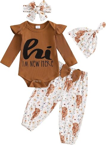 Newborn Baby Girl Clothes Outfits New To The Crew Bodysuit Romper Floral Pants Headband Hat Coming Home Outfit in Saudi Arabia