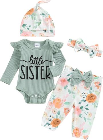 Newborn Baby Girl Clothes Outfits New To The Crew Bodysuit Romper Floral Pants Headband Hat Coming Home Outfit in Saudi Arabia