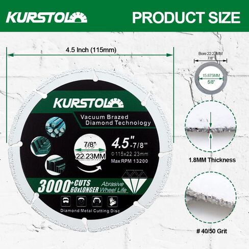 Diamond Metal Cutting Wheel - Diameter 4-1/2" (115mm) Vacuum Brazing Cut off Wheel with a Reducer Washer 7/8"-5/8" Diamond Blade for Rebar Angle Iron Sheet Metal Stainless Steel Cutting in Saudi Arabia