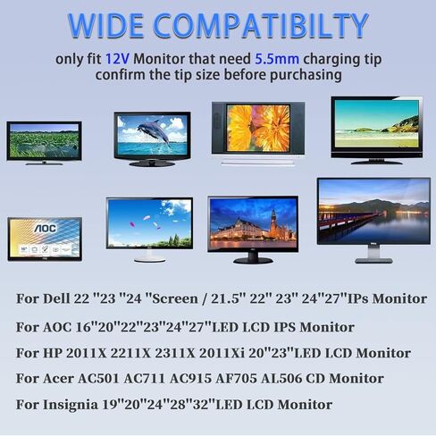 سلك طاقة شاشة TKDY أبيض، محول إمداد طاقة 12 فولت 5 أمبير مناسب لشاشة LCD صولجان DC12V سلسلة EC 32 بوصة 30 بوصة 27 بوصة 24 بوصة 22 بوصة 20 بوصة 19 بوصة 15 بوصة، شاشة AOC LCD 16 بوصة 20 بوصة 22 بوصة 23 بوصة 24 بوصة 27 بوصة ". in Kuwait