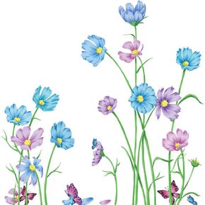 Watercolor Blue and Purple Galsang Flower Wall Decal Chrysanthemum Butterfly Wall Sticker Removable Vinyl Garden Bouquet Wall Murals for Living Room Bedroom Kitchen Nursery Decors