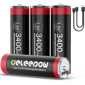 بطاريات Deleepow USB قابلة لإعادة الشحن AA 4 عبوات، بطاريات ليثيوم مزدوجة قابلة لإعادة الشحن USB C، 3400 مللي واط في الساعة 1.5 فولت مع كابل شحن 2 في 1، شحن سريع لمدة ساعة بطارية AA قابلة للشحن in Kuwait