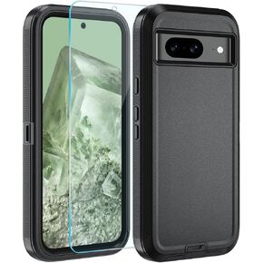 for Google Pixel 8A Case, with Belt Clip,Tempered Glass Screen Protector, Heavy Duty Shockproof Drop Protective Rugged Tough Durable Phone Cover (Black)