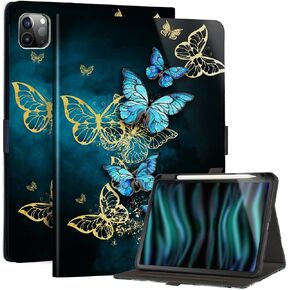 for iPad Pro 12.9 3rd/4th Generation Case 2020/2018 with Pencil Hodler, Magnetic Clasp, Auto Sleep/Wake Cover, Blue Butterfly