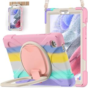 BATYUE Case for Samsung Galaxy Tab A7 Lite;Galaxy Tab A7 Lite Case 8.7 inch 2021 Released( SM-T220/SM-T225)Protective Case for Kids with Pencil Holder,360° Swivel Stand,Shoulder Strap - Colourful Pink