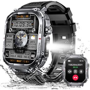 Military Smart Watch for Men 3ATM Waterproof with Call/LED Flashlight 2.02" HD Big Screen Rugged Tactical Smartwatch with Compass Fitness Tracker with HR/SPO2/Blood Pressure Monitor for iPhone Android