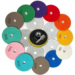 Diamond Polishing Pads Set Wet/Dry Quartz Polishing Kit, Granite Stone Concrete Marble Tile Polishing Pads for Grinder, 12Pcs 4 in 50#-8000# Grit Pads with Hook and Loop Backer and Drill Adapter