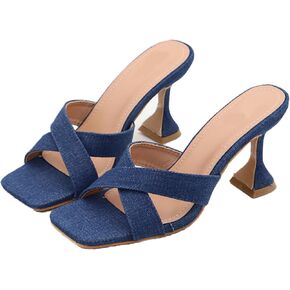Women's Denim Square Open Toe Kitten Heel Sandals,Summer Fashion Backless Slip-on Kitten Heels Mules,Sexy Party Dress Sandals