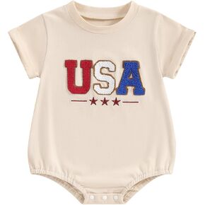 Springcmy Toddler Boy Girl 4th of July Outfits Short Sleeve Romper USA Flag Jumpsuit Independence Day Bodysuit