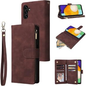 UEEBAI Wallet Case for Samsung Galaxy A13 5G, Premium Vintage PU Leather Magnetic Closure Handbag Zipper Pocket Case Kickstand Card Holder Slots with Wrist Strap TPU Shockproof Flip Cover - Brown