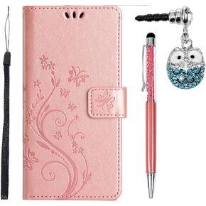 Flip Case Compatible for Samsung Galaxy A14 5G Wallet Case Slim Credit Card Holder Painted Butterfly Flower Cover Kickstand Protective Durable PU Leather Folio Case - Rose Gold