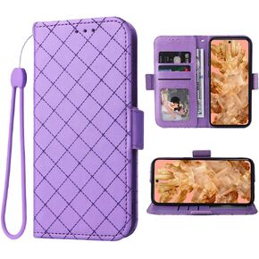 Furiet Wallet Case for Google Pixel 8 5G with Wrist Strap Grid Luxury PU Leather Flip Card Holder Stand Purse Slot TPU Full Body Shockproof Cell Accessories Slim Phone Cover for Pixel8 Eight Purple