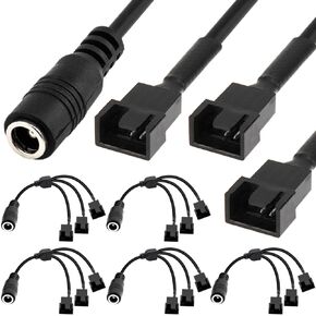 DC Power Supply Plug to Three 3-Pin & 4-Pin PC Fan Power Adapter Cable, DC Female Plug to Three 3-Pin & 4-Pin Male Connector PC Case Fan Power Conventer Cable for PC Fan (5 Pack)
