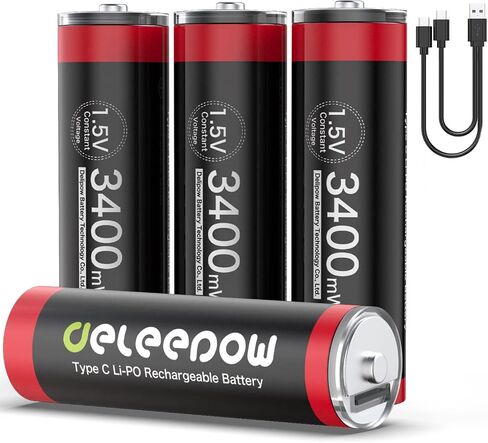 بطاريات Deleepow USB قابلة لإعادة الشحن AA 4 عبوات، بطاريات ليثيوم مزدوجة قابلة لإعادة الشحن USB C، 3400 مللي واط في الساعة 1.5 فولت مع كابل شحن 2 في 1، شحن سريع لمدة ساعة بطارية AA قابلة للشحن in Kuwait