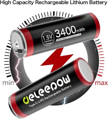 بطاريات Deleepow USB قابلة لإعادة الشحن AA 4 عبوات، بطاريات ليثيوم مزدوجة قابلة لإعادة الشحن USB C، 3400 مللي واط في الساعة 1.5 فولت مع كابل شحن 2 في 1، شحن سريع لمدة ساعة بطارية AA قابلة للشحن in Kuwait