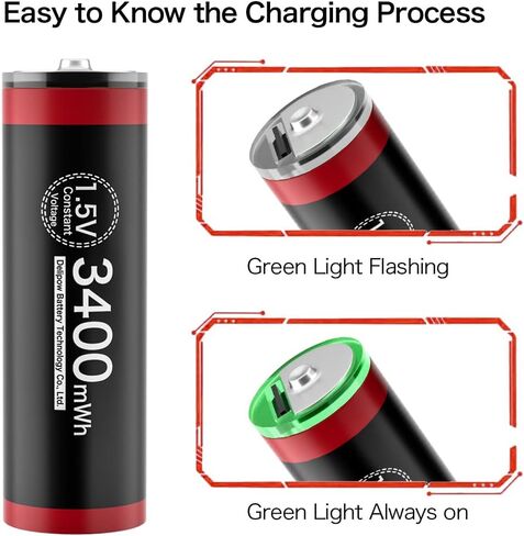 بطاريات Deleepow USB قابلة لإعادة الشحن AA 4 عبوات، بطاريات ليثيوم مزدوجة قابلة لإعادة الشحن USB C، 3400 مللي واط في الساعة 1.5 فولت مع كابل شحن 2 في 1، شحن سريع لمدة ساعة بطارية AA قابلة للشحن in Kuwait