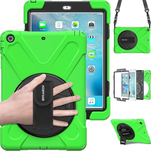 حافظة BRAECN iPad Air مقاومة للصدمات [شديدة التحمل] حافظة حماية متينة لكامل الجسم مع مسند دوار 360 درجة / حزام يد / حزام كتف لجهاز Apple iPad Air الجيل الأول 9.7 بوصة (أسود) in Saudi Arabia
