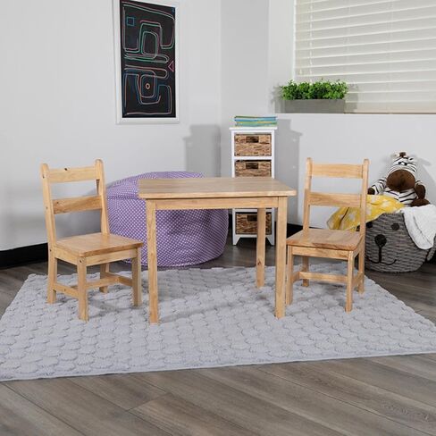 مجموعة طاولة وكرسي من الخشب الصلب للأطفال من Flash Furniture Kyndl لغرفة اللعب وغرفة النوم والمطبخ - مجموعة من 3 قطع - طبيعية in Kuwait