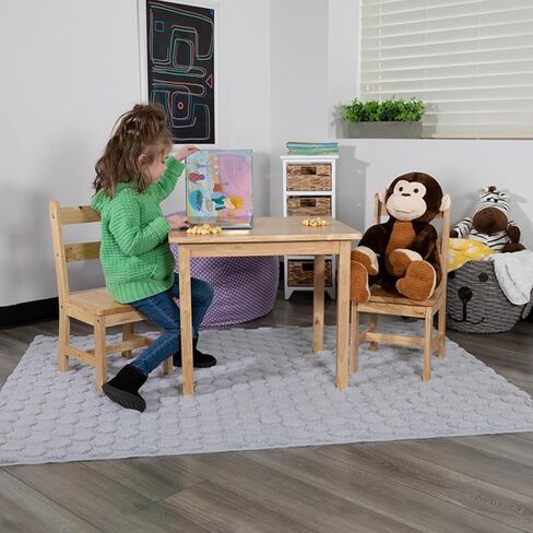 مجموعة طاولة وكرسي من الخشب الصلب للأطفال من Flash Furniture Kyndl لغرفة اللعب وغرفة النوم والمطبخ - مجموعة من 3 قطع - طبيعية in Kuwait