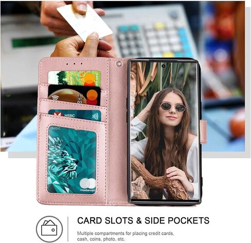 حافظة محفظة لهاتف Galaxy S22 Ultra، [حجب RFID] حامل 3 بطاقات مع فتحة لبطاقة الائتمان، غطاء قلاب واقٍ مغناطيسي من جلد البولي يوريثان لهاتف Galaxy S22 Ultra (ذهبي وردي) in Saudi Arabia